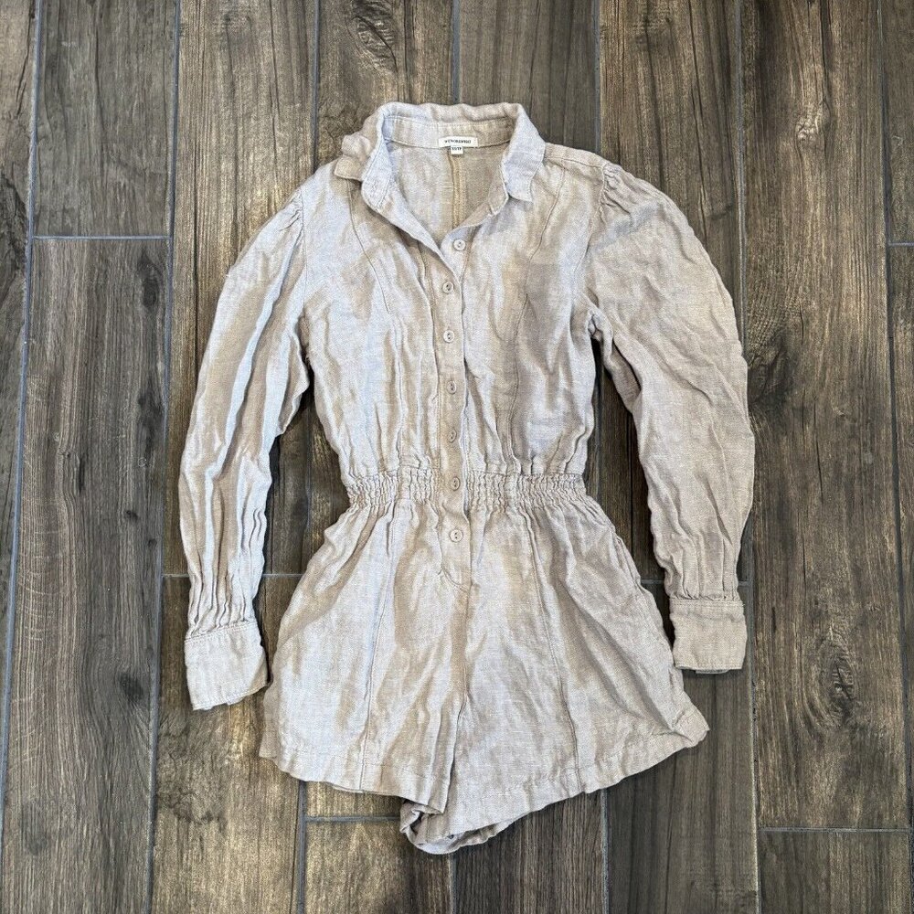 NWOT we Wore What Linen Button Up Romper Long Sleeve Shorts XS (119)